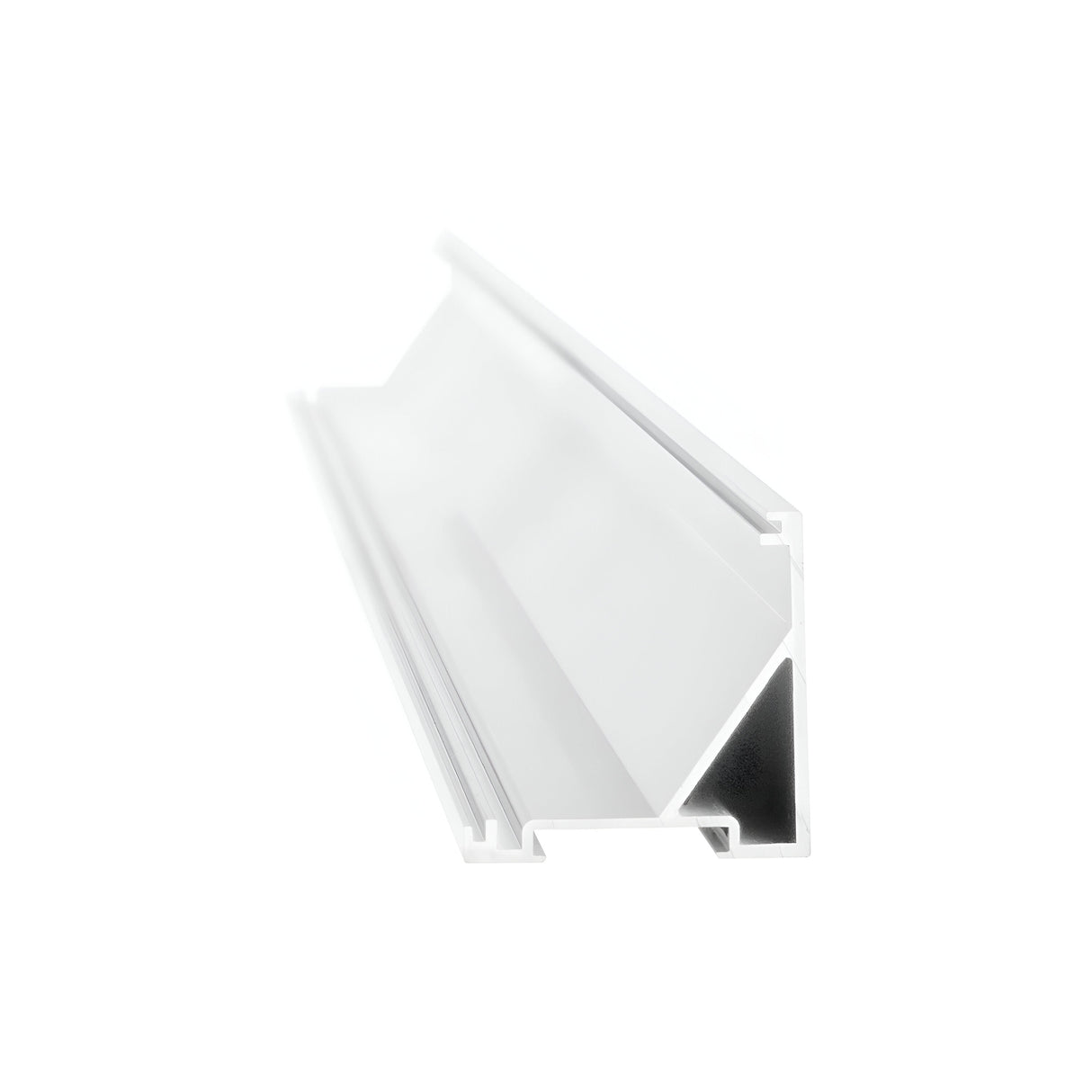 The Arcus LED Corner Profile 2m 31x31cm - Surface Mount, White, showcases a sleek triangular aluminum extrusion with a grooved pattern, making it an excellent choice for LED corner profiles in interior lighting, displayed against a plain white background.