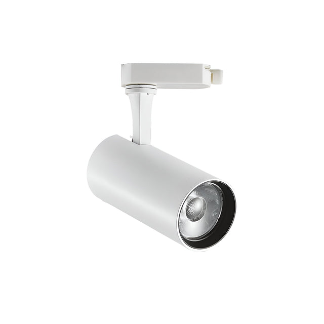 The Ignis LED Three Phase Track Spotlight in white features a sleek, ceiling-mounted cylindrical design with a visible bulb that delivers consistent 4000K illumination using a 25W CRI80 LED.