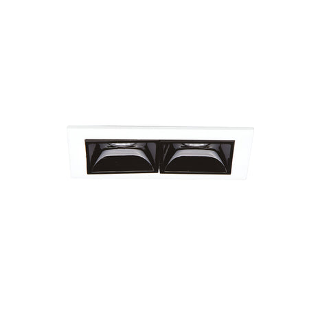 The Phosix Trim LED Recessed Downlight, featuring a rectangular design with two black adjustable lamp heads within a sleek white frame, offers energy-efficient lighting against a simple white backdrop.