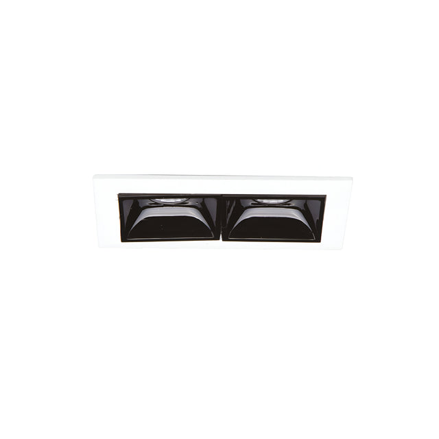 The Phosix Trim LED Recessed Downlight, featuring a rectangular design with two black adjustable lamp heads within a sleek white frame, offers energy-efficient lighting against a simple white backdrop.