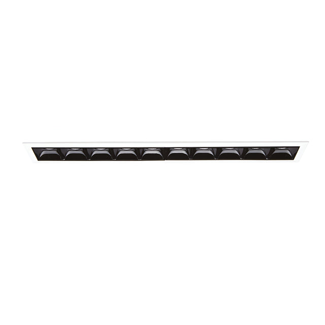 A rectangular air vent with multiple black slats arranged horizontally in a white frame complements modern interiors. Set against a plain white backdrop, the Phosix Trim LED Recessed Downlight - 20W, 4000K, Black pairs seamlessly with energy-efficient lighting solutions for enhanced ventilation and aesthetics.