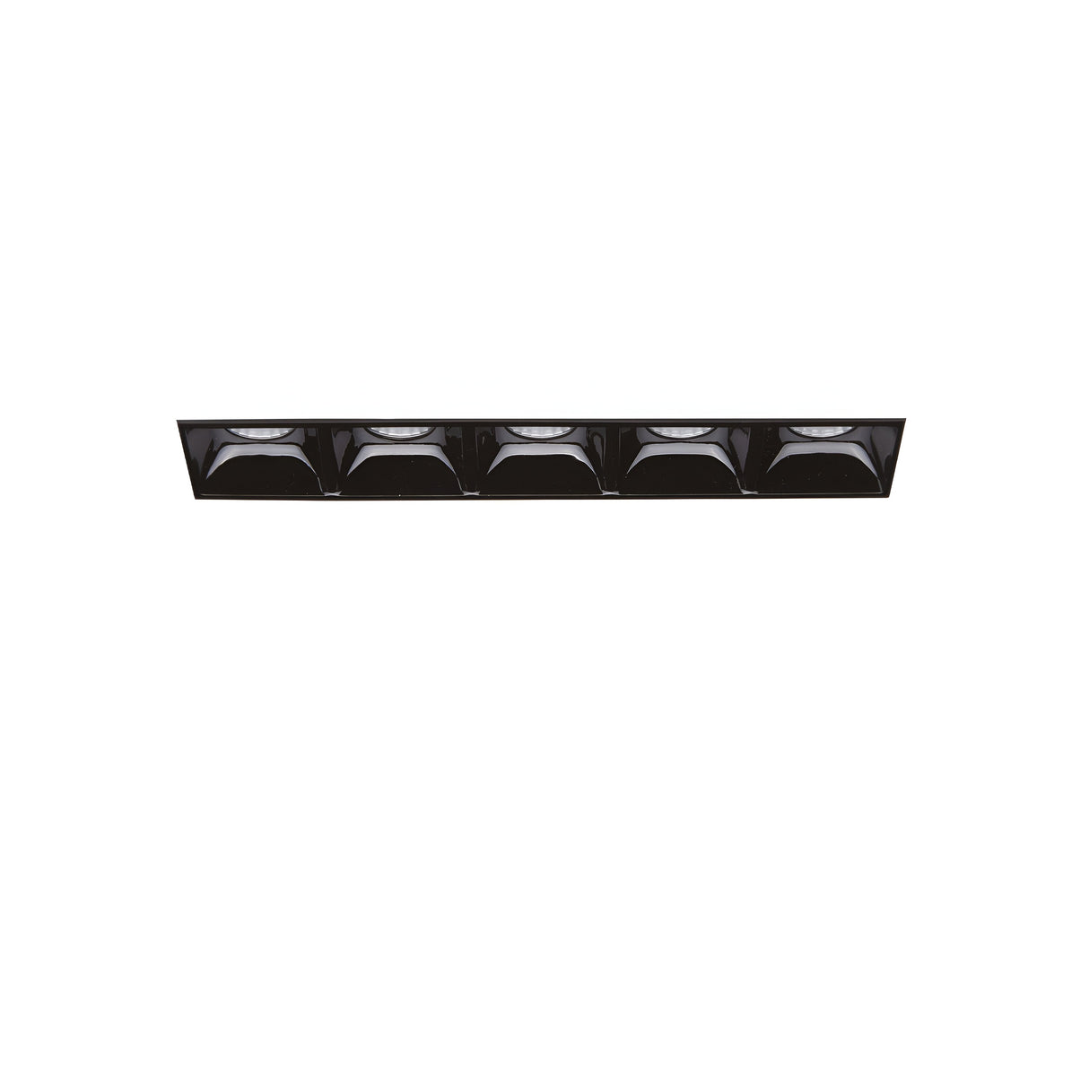 The Phosix Trimless LED Recessed Downlight - 12W, 4000K, Black features a sleek rectangular design and holds six energy-efficient recessed lights. This die-cast aluminum fixture blends seamlessly into your white ceiling for a modern, streamlined look.