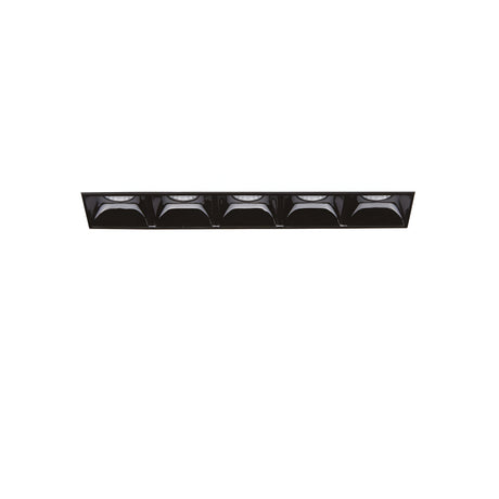 The Phosix Trimless LED Recessed Downlight - 12W, 4000K, Black features a sleek rectangular design and holds six energy-efficient recessed lights. This die-cast aluminum fixture blends seamlessly into your white ceiling for a modern, streamlined look.