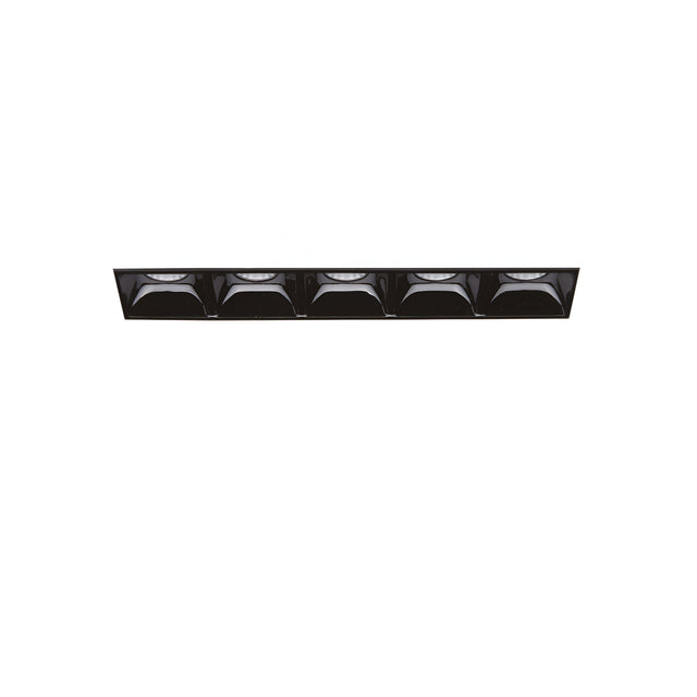 The Phosix Trimless LED Recessed Downlight - 12W, 4000K, Black features a sleek rectangular design and holds six energy-efficient recessed lights. This die-cast aluminum fixture blends seamlessly into your white ceiling for a modern, streamlined look.