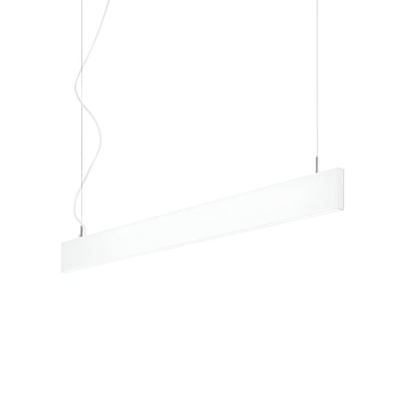 The Flux LED Linear Suspension 32W 4000K in White is a minimalist, horizontal pendant light fixture with a sleek, rectangular design. It is suspended from the ceiling by two thin wires, offering a modern aesthetic that softly glows in white against a plain backdrop. This fixture features dimmable LEDs for versatile ambiance.