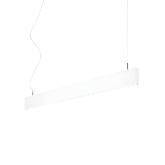 The Flux LED Linear Suspension 32W 4000K in White is a minimalist, horizontal pendant light fixture with a sleek, rectangular design. It is suspended from the ceiling by two thin wires, offering a modern aesthetic that softly glows in white against a plain backdrop. This fixture features dimmable LEDs for versatile ambiance.