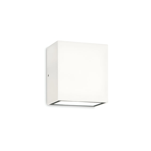 The Glaera 2 Light Outdoor LED Wall Light, featuring a sleek cube-shaped design and finished in white, is mounted on a plain white wall, emitting a clear 4000K light.