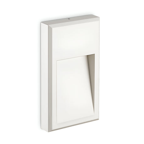 The Arcana-2 LED Outdoor Wall Light 6W 3000K in White offers a sleek, minimalist design with a rectangular shape and angular opening for energy-efficient illumination. It is crafted from durable aluminum, highlighting sharp lines and geometric forms.
