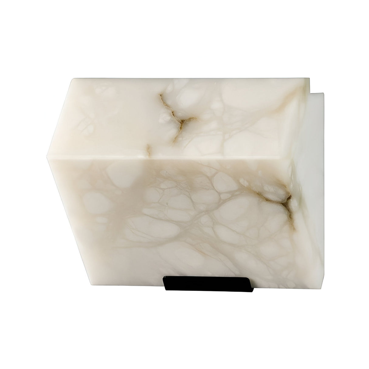 The Glorina LED Alabaster Wall Light – Soft White features a rectangular alabaster block with light gray and brown veining on a small black base, evoking modern wall lighting design against a white background.