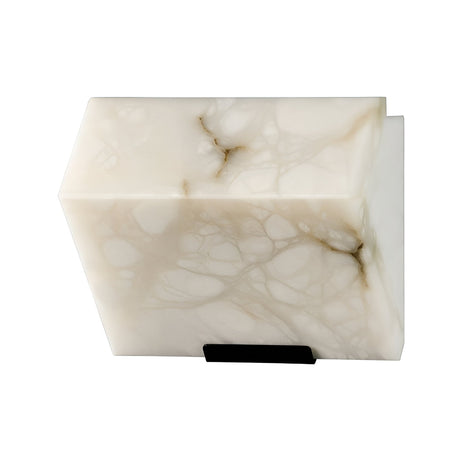 A rectangular block of white marble with gray and brown veining, reminiscent of Spanish alabaster used in the Calyrix LED Alabaster Wall Light – Soft White, stands on a small black base against a plain white background.