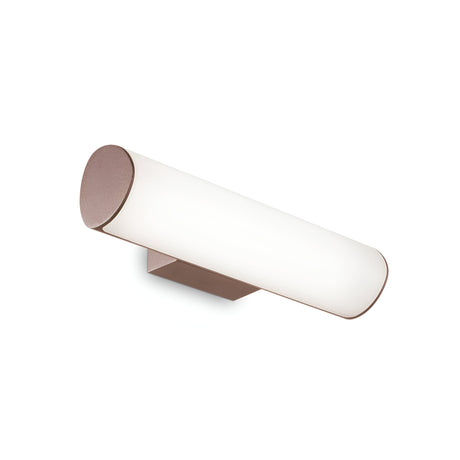 The Glintis LED Bathroom Mirror Light 9.5W 3000K in brown, with its sleek and energy-efficient design, is ideal for enhancing contemporary bathroom decor with its cylindrical white light fixture and bronze base.