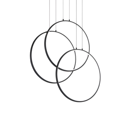 The Prios Round LED Light Suspension 82W 3000K features a minimalist design with three overlapping circular rings, elegantly suspended by thin wires against a white background. Its geometric elegance underscores sleek modern lighting, emphasizing simplicity and style.