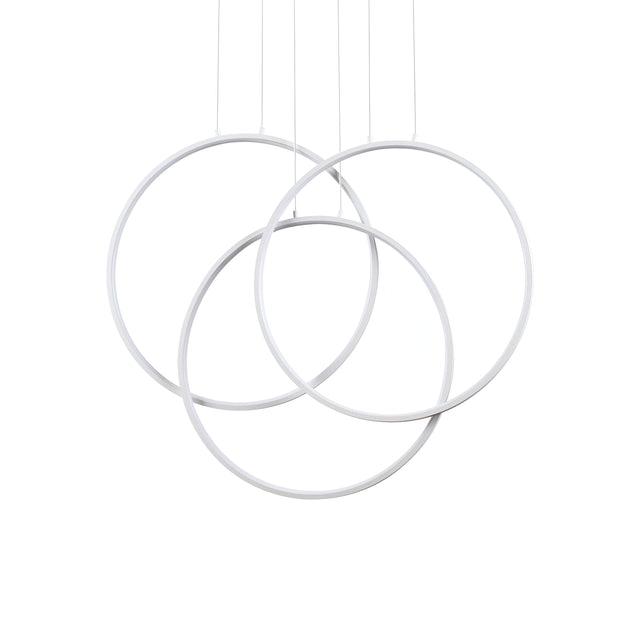 The Prios Round LED Light Suspension 82W 3000K in white boasts a modern, minimalist design with three overlapping circular rings. Its elegant LED light suspension hangs from adjustable cables against a pristine white backdrop.