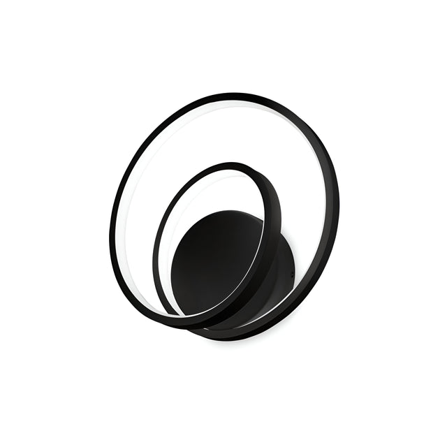 The Glistis LED Wall Light 3000K, 28W - Black boasts a modern style with its circular design featuring two concentric rings and a sleek black frame, providing perfect accent lighting. Its minimalist construction emits soft white light from a flat, black circular base, adding a contemporary touch.