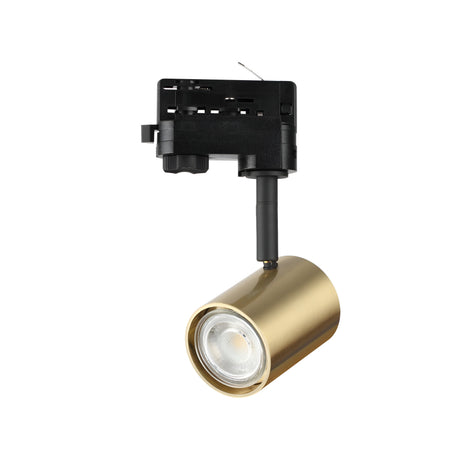 Introducing the Radiatrix Three Phase Track Spotlight - Brass: This gold cylindrical track lighting fixture features a black mounting mechanism and a brass finish. It has an adjustable spotlight head for focused illumination, and its sleek, modern design brings elegance to various interior settings.