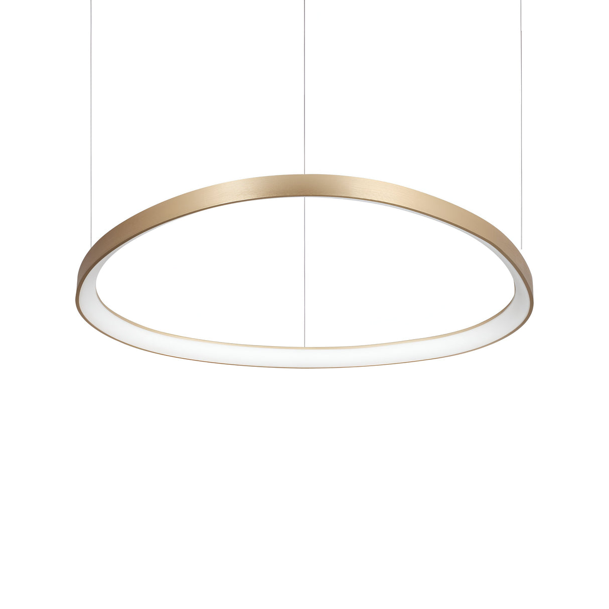 The Zephra LED Light Suspension 59W 3000K in Brass, measuring 81cm, showcases a modern circular design with a sleek, thin gold frame featuring a satin brass finish and a white interior. It is elegantly suspended by two thin cables against a plain white background.