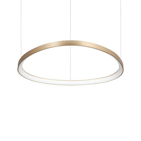 The Zephra LED Light Suspension 59W 3000K in Brass, measuring 81cm, showcases a modern circular design with a sleek, thin gold frame featuring a satin brass finish and a white interior. It is elegantly suspended by two thin cables against a plain white background.