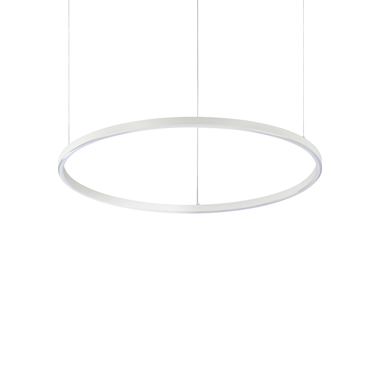 The Arcena Round LED Suspension Light, featuring a thin white frame and energy-efficient technology at 4000K, is elegantly suspended by slender wires against a plain white background. Perfect for modern interiors, the light measures 70cm in diameter.