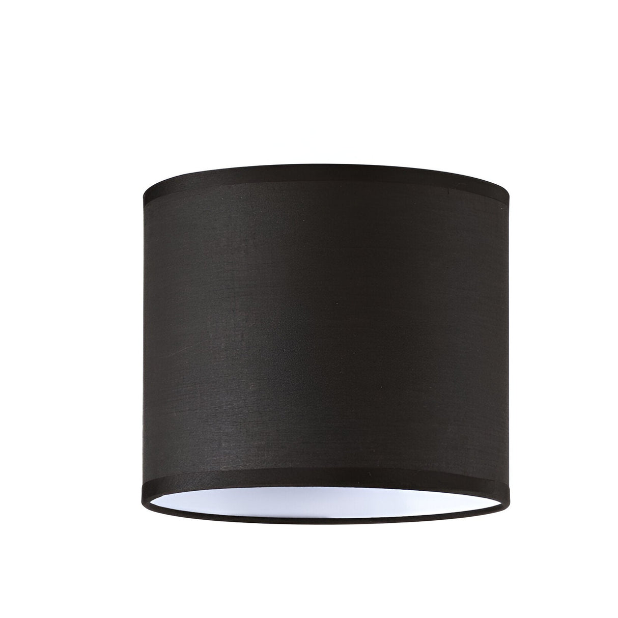The Aethera Cylinder Lampshade - Black, 16cm, is designed with a sleek black cylindrical shape and a subtle modern flair, highlighted by its pristine white interior that creates a striking contrast against the pure white backdrop.