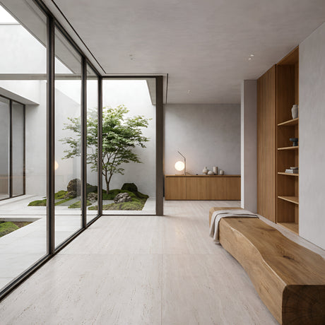 Minimalist modern interiors with light stone floors, a glass wall facing a courtyard, a wooden bench with a throw, built-in shelves, and a grey metal sideboard topped with the Vetra 1 Light Opal Glass Table Lamp - Grey.