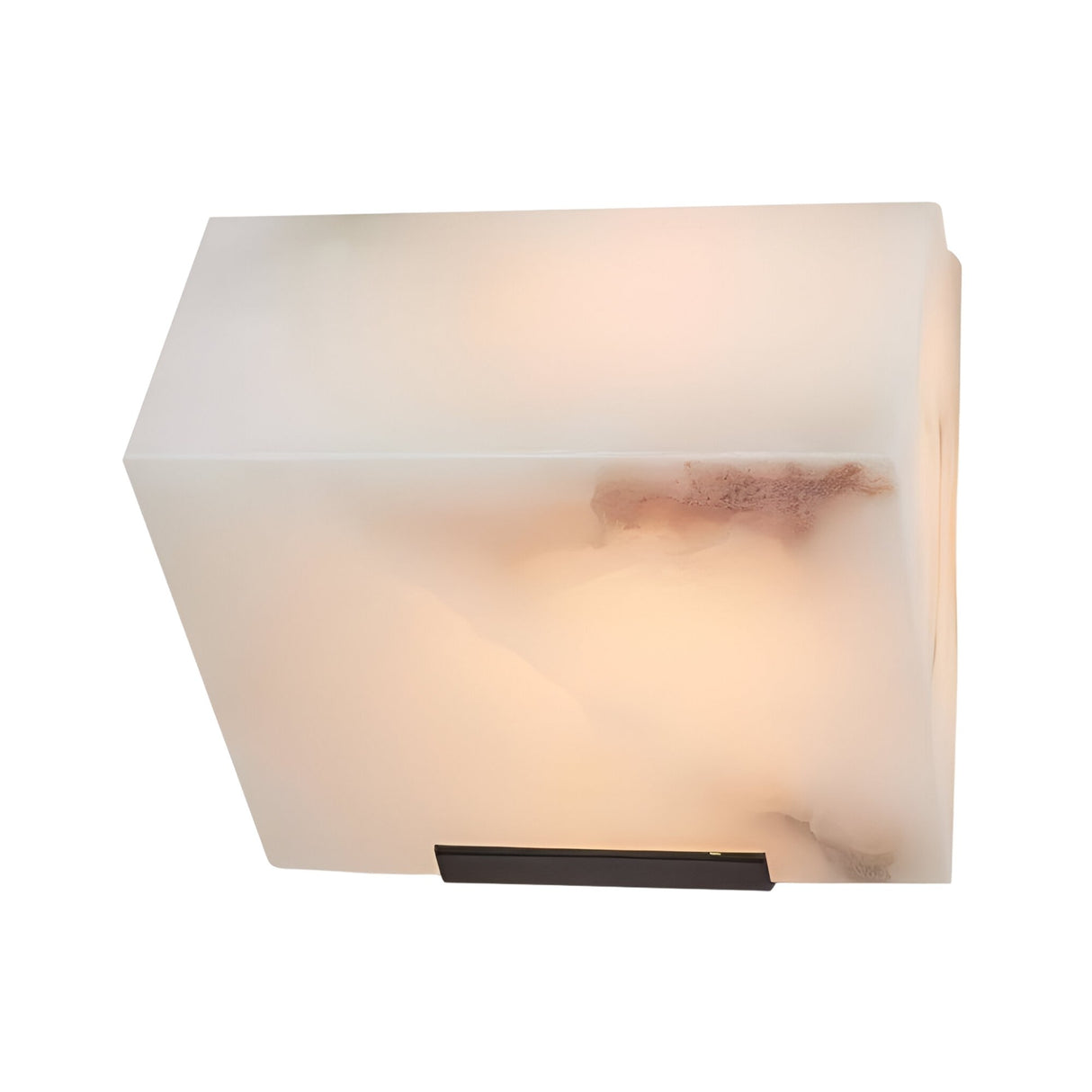 The Glorina LED Alabaster Wall Light – Soft White is a rectangular, white Spanish alabaster sconce with natural brown veining and a dark metal base accent, casting a soft glow for modern wall lighting style.