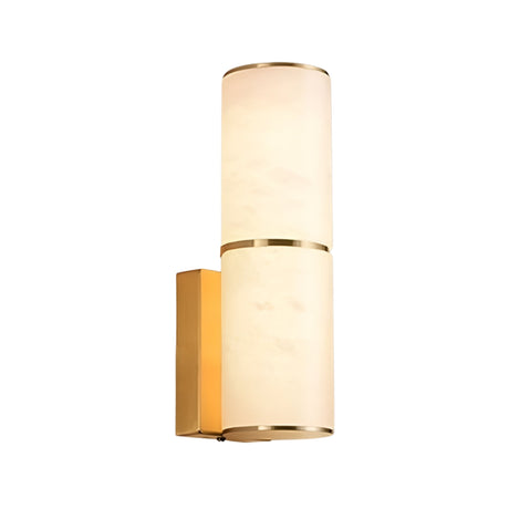 The Almora LED Small Cylinder Alabaster Wall Light features two frosted shades and gold accents on a rectangular brass base, shown against a plain white background.