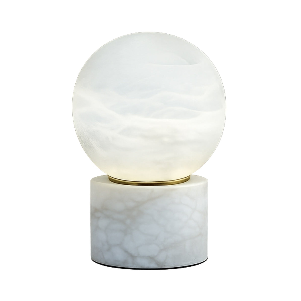 The Aurion LED Large Globe Alabaster Table Lamp features a modern, round soft white glass globe on a cylindrical alabaster base with natural veining.