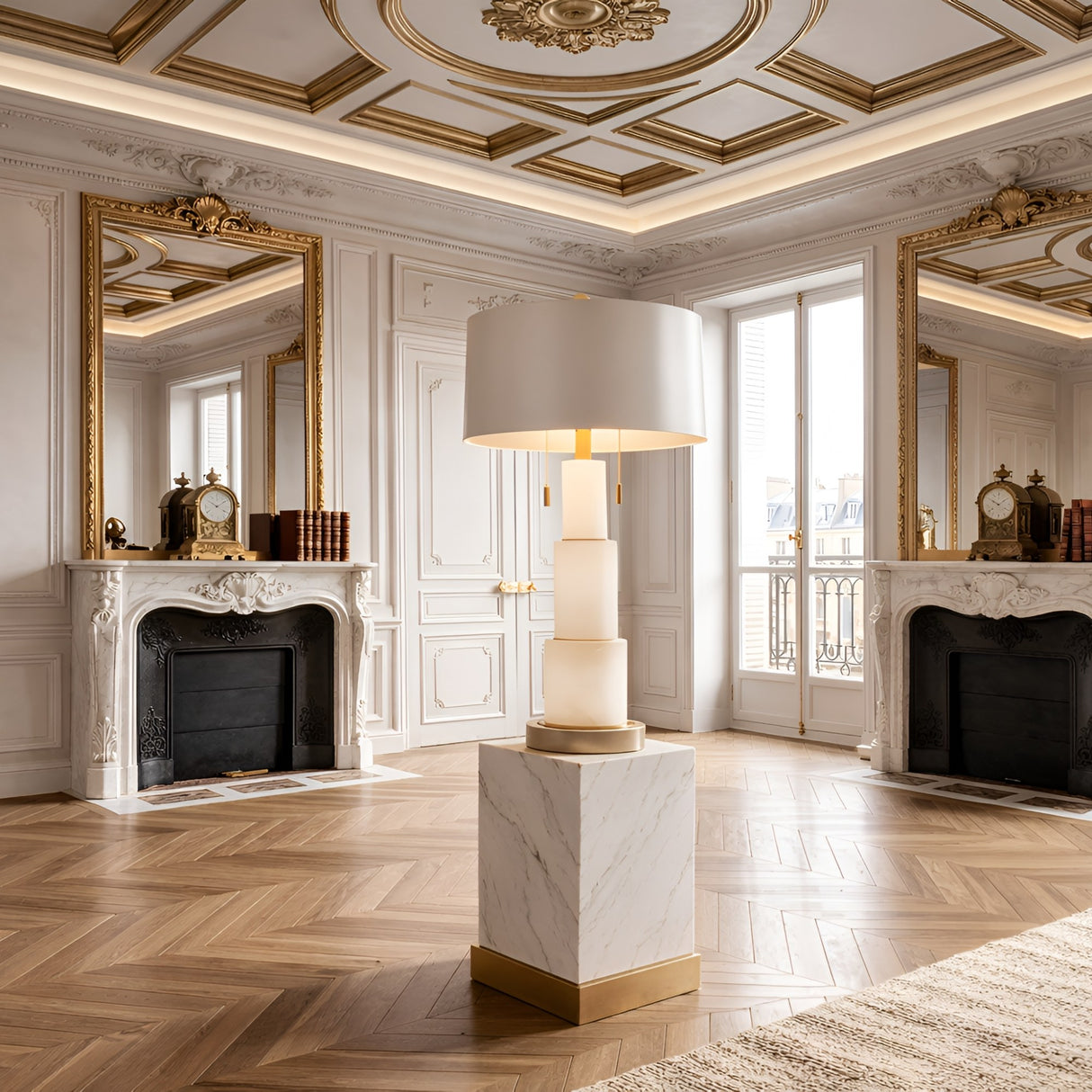 Elegant room with ornate white walls, gold accents, large mirrors above marble fireplaces, herringbone wood floors, and sculptural lighting—a modern Eloria 1 Light Stacked Alabaster Table Lamp (Brass & Soft White) sits on a marble pedestal. Natural light streams in.
