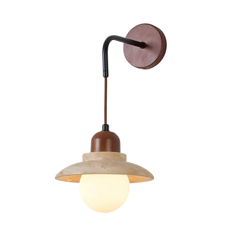 The Rovano 1 Light Hanging Dome Travertine Wall Light features a round walnut brown base, black arm, light beige and walnut brown shade, and a glowing round white bulb hanging below.