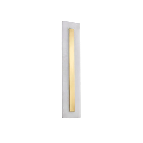 The Averra LED Medium Rectangle Alabaster Wall Light in Soft White & Brass features a minimalist design with a white base and vertical brass strip, creating a contemporary look ideal for stylish modern spaces.