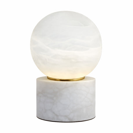 The Aurion LED Large Globe Alabaster Table Lamp features a round frosted glass shade on a cylindrical marble base with a slim gold ring, shown against a plain white background.