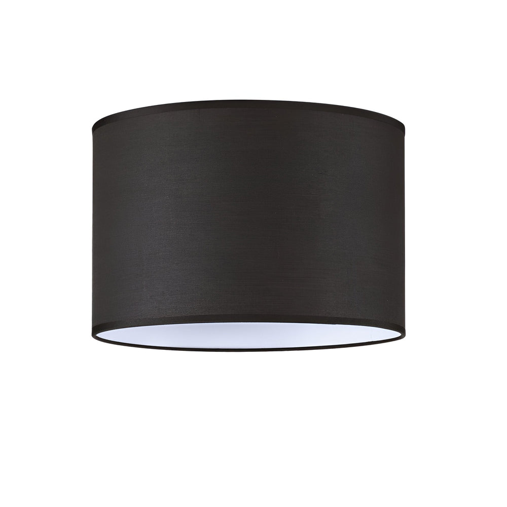 The Aethera Cylinder Lampshade - Black, 30cm features a smooth fabric exterior and fireproof PVC frame. Open at both ends with a white interior, its perfect for modern spaces and is displayed against a plain white background.