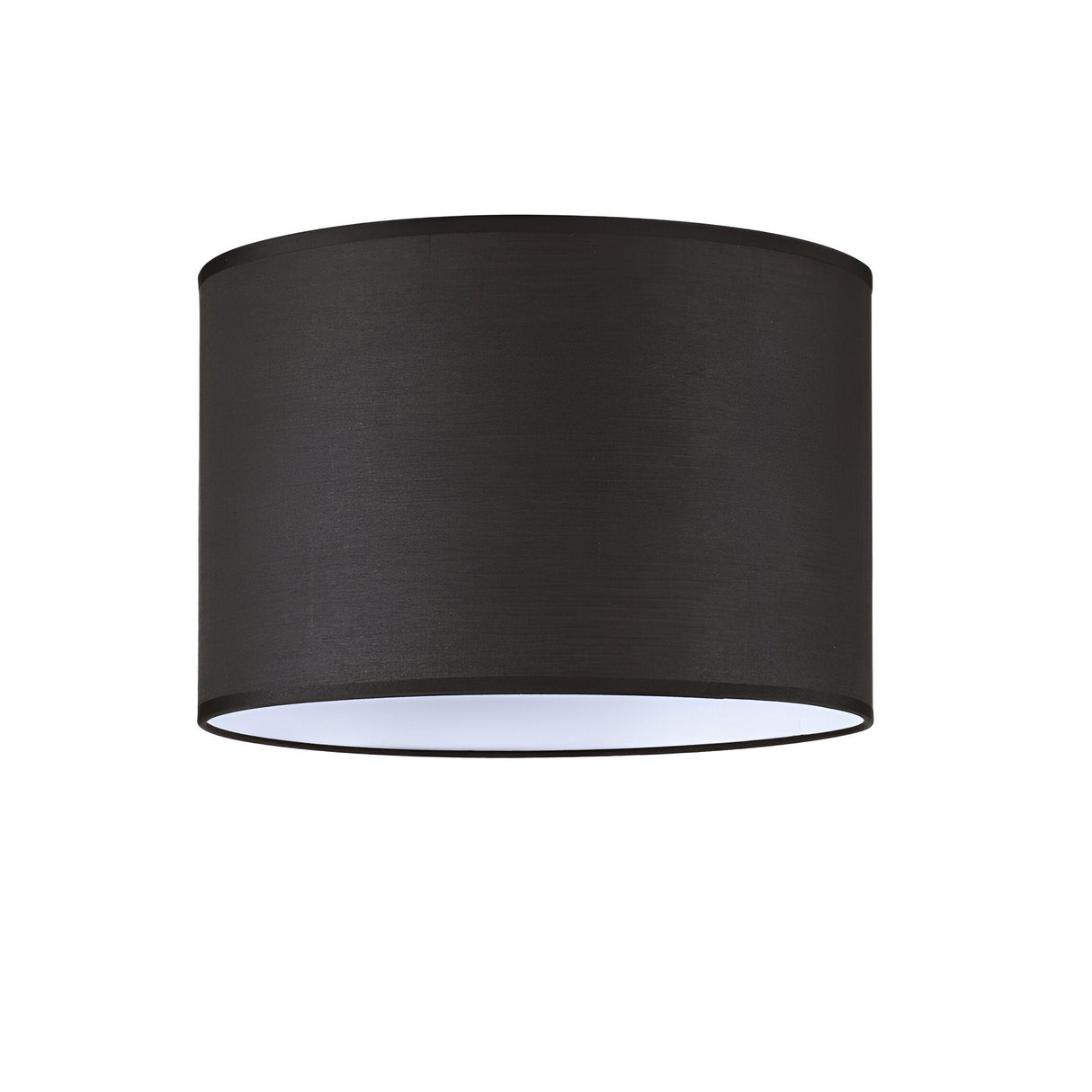 The Aethera Cylinder Lampshade - Black, 30cm features a smooth fabric exterior and fireproof PVC frame. Open at both ends with a white interior, its perfect for modern spaces and is displayed against a plain white background.