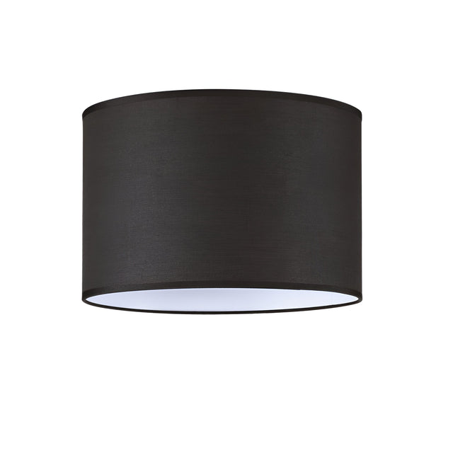 The Aethera Cylinder Lampshade - Black, 30cm features a smooth fabric exterior and fireproof PVC frame. Open at both ends with a white interior, its perfect for modern spaces and is displayed against a plain white background.