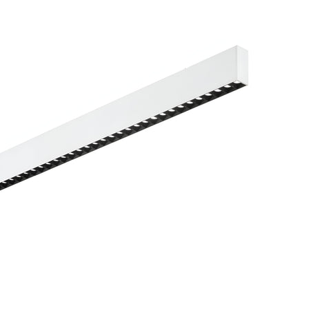 The Ignitia-2 LED Suspension Light 36W 3000K in white, featuring a long rectangular shape with a black interior, is elegantly suspended against a plain white background. This contemporary lighting solution combines sleek design with energy-efficient LED technology, making it ideal for both commercial and residential spaces.