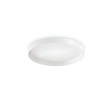 The Spark LED Flush Light 18W 4000K in White, measuring 35cm, showcases a sleek and contemporary circular design with integrated LED technology. Mounted against a simple white backdrop, it offers enhanced durability with an IP40 rating.