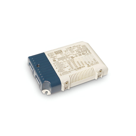 Close-up of the Spark Constant Current Dimmable LED Driver - 60W, 1400mA, a rectangular electronic device with a white and dark blue casing. It features various technical specifications and labels on its surface, includes connectors, has a rotary knob on one side, and supports constant current for dimmable applications.