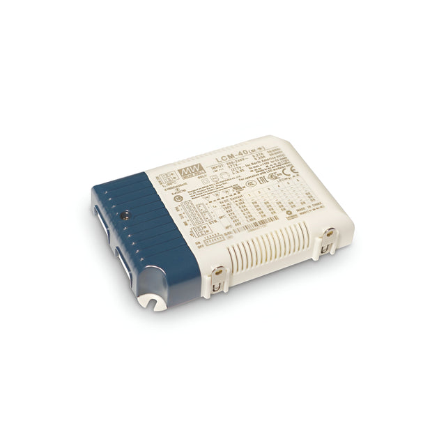 Close-up of the Spark Constant Current Dimmable LED Driver - 60W, 1400mA, a rectangular electronic device with a white and dark blue casing. It features various technical specifications and labels on its surface, includes connectors, has a rotary knob on one side, and supports constant current for dimmable applications.