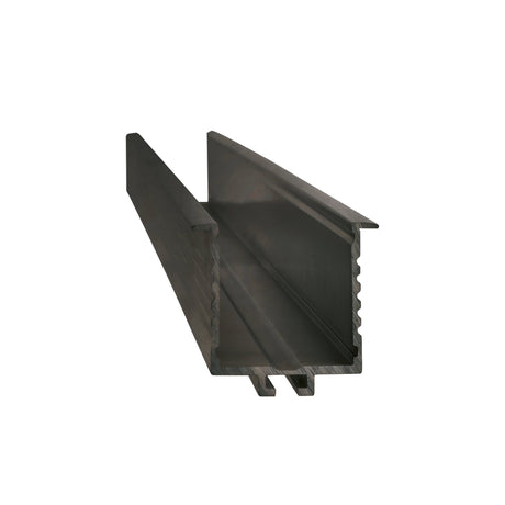 A close-up of the Lyris Trim LED Profile Cover 2m - Black showcases its metallic U-shaped bracket featuring a smooth exterior and serrated interior edge, perfect for LED strip installations. The anodized aluminum cover is positioned diagonally against a plain white background, emphasizing its structure and material.