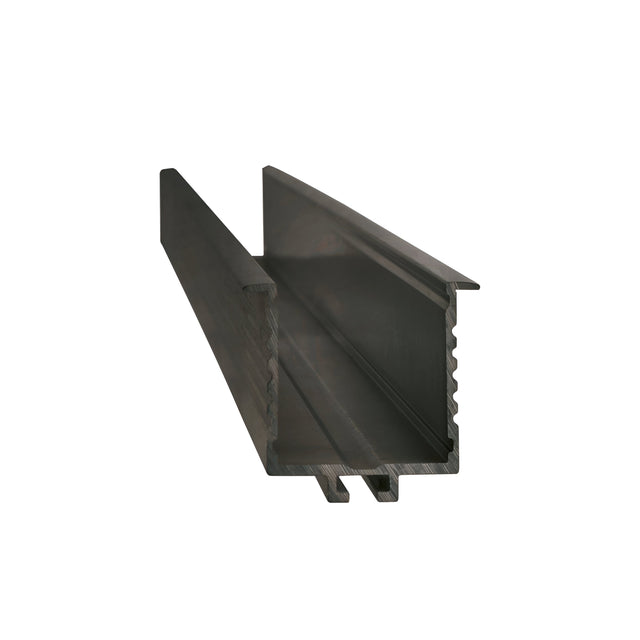Introducing the Lyris Trim LED Profile Cover 3m - Black, a metallic extruded aluminum profile with a U-shaped channel and a sleek black finish. Designed with a series of ridges on one side, it is ideal for structural or assembly applications. The product image is presented against a plain white background.