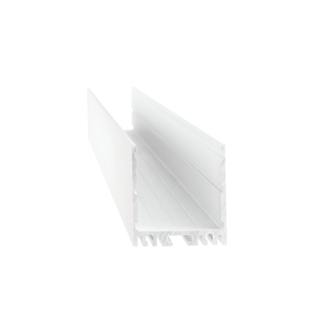 A Lyris Trimless LED Profile Cover 2m in white, featuring a hollow rectangular design with grooved sides, is slightly elevated at an angle to showcase its open interior. It serves as a construction or design component ideal for support or framing, ensuring seamless and glare-free light distribution.
