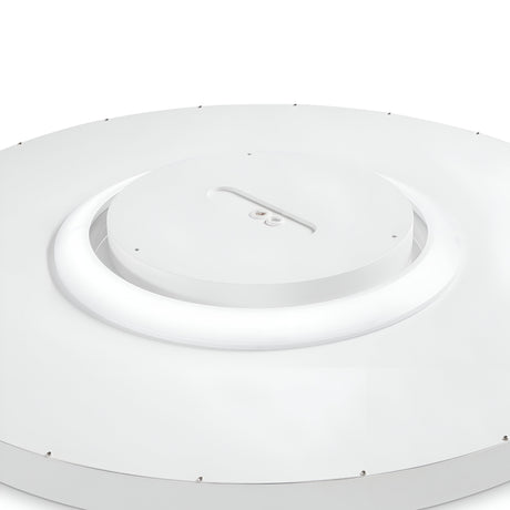 A close-up of the Twilight LED Ceiling Light 12W 3000K - White, 90cm reveals a sleek, modern design with energy efficiency. The fixture boasts a central circular element surrounded by a glowing 3000K ring. Its surface is smooth and minimalistic, complemented by evenly spaced screws that enhance its sophisticated appeal.