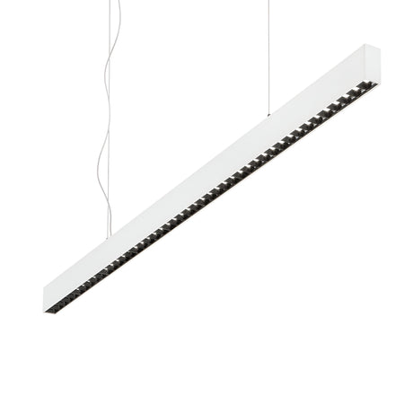 The Celine LED Linear Suspension 30W 3000K in white features a modern, minimalist design with a long, rectangular shape, hanging from thin wires. This sleek fixture enhances contemporary spaces with its energy-efficient lighting while suspended horizontally.