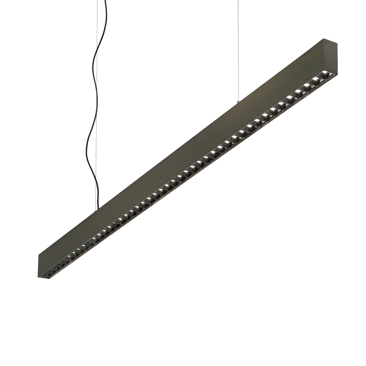 The Celine LED Linear Suspension 30W 4000K - Black is a sleek, modern pendant light fixture with a long, rectangular form. It features a row of evenly spaced LED lights along the underside and is suspended from the ceiling by two thin wires accompanied by a black power cable.