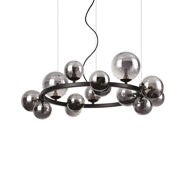 The Solana 14 Suspension Light - Black is a modern lighting fixture featuring a circular metal frame accented with black glass globes. Suspended by thin wires, its enclosed bulbs provide a stylish and contemporary look, making it the ideal black suspension light for any chic interior.