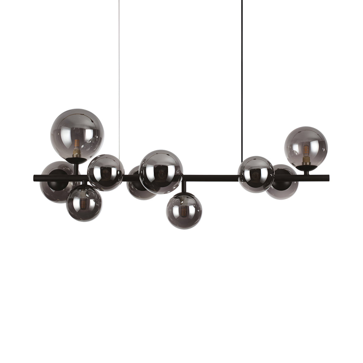 The Solana 10 Linear Suspension Light - Black showcases a horizontal black bar adorned with multiple smoked Pyrex glass spheres of different sizes, suspended from the ceiling. Inside each sphere is a small bulb, offering an elegant and contemporary design ideal for modern interior lighting.
