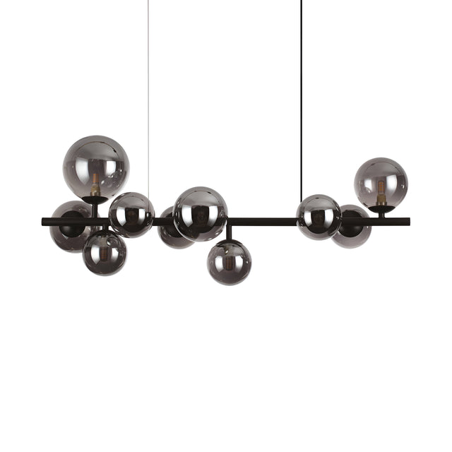The Solana 10 Linear Suspension Light - Black showcases a horizontal black bar adorned with multiple smoked Pyrex glass spheres of different sizes, suspended from the ceiling. Inside each sphere is a small bulb, offering an elegant and contemporary design ideal for modern interior lighting.