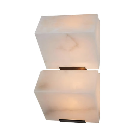 The Calyrix LED Small Stacked Alabaster Wall Light in Soft White features two rectangular alabaster sconces with subtle brown veining and small metallic base accents, each softly illuminated from within.