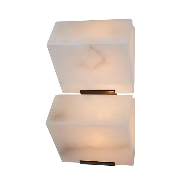 Two Glorina LED Small Stacked Alabaster Wall Lights in soft white, each with a rectangular frosted, marble-like finish and subtle brown veining, mounted on a dark metal base and emitting a warm, gentle glow.