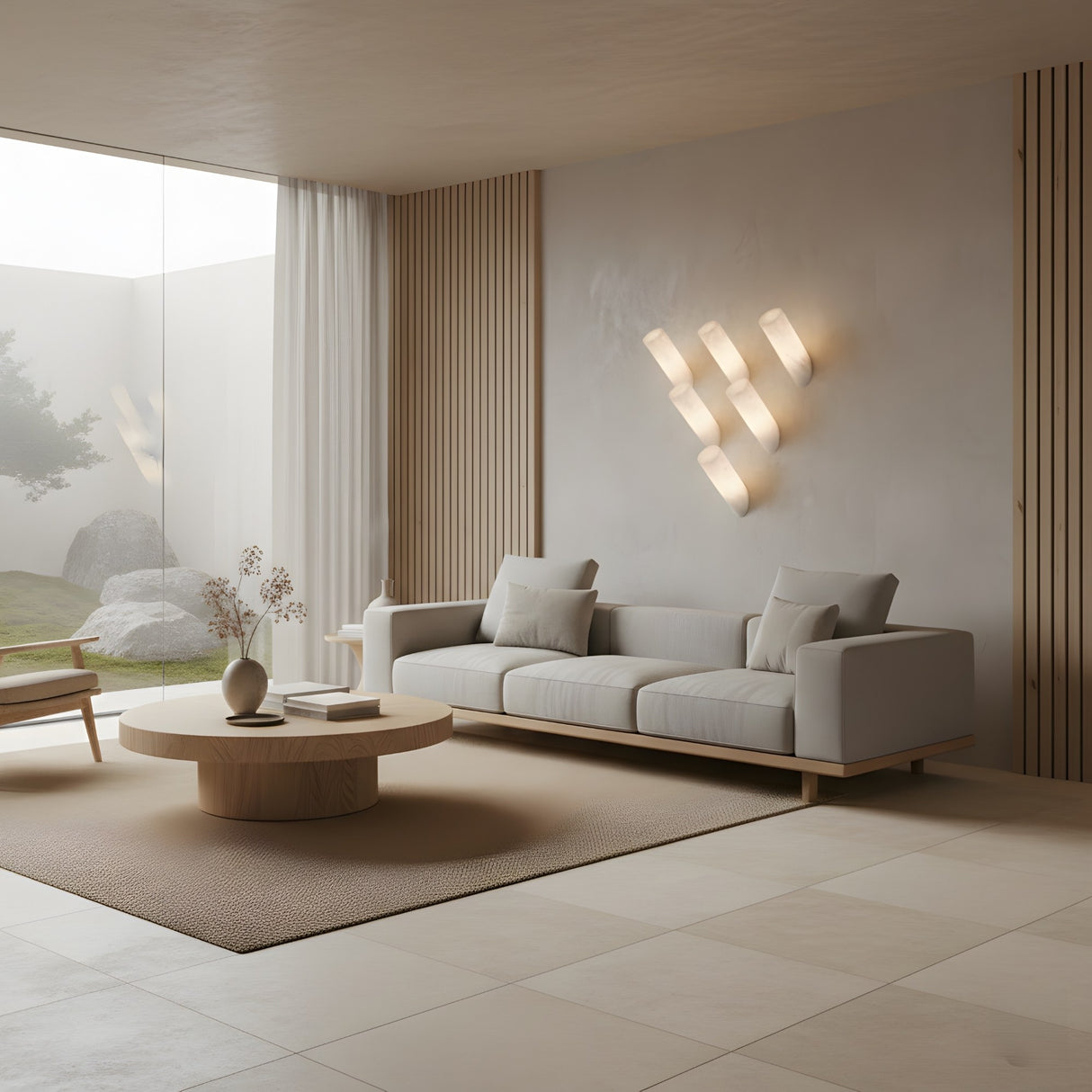 Niori Velari LED angled alabaster cylinder wall lights arranged in a chevron above a grey sofa in a minimalist living room with oak slatted walls.